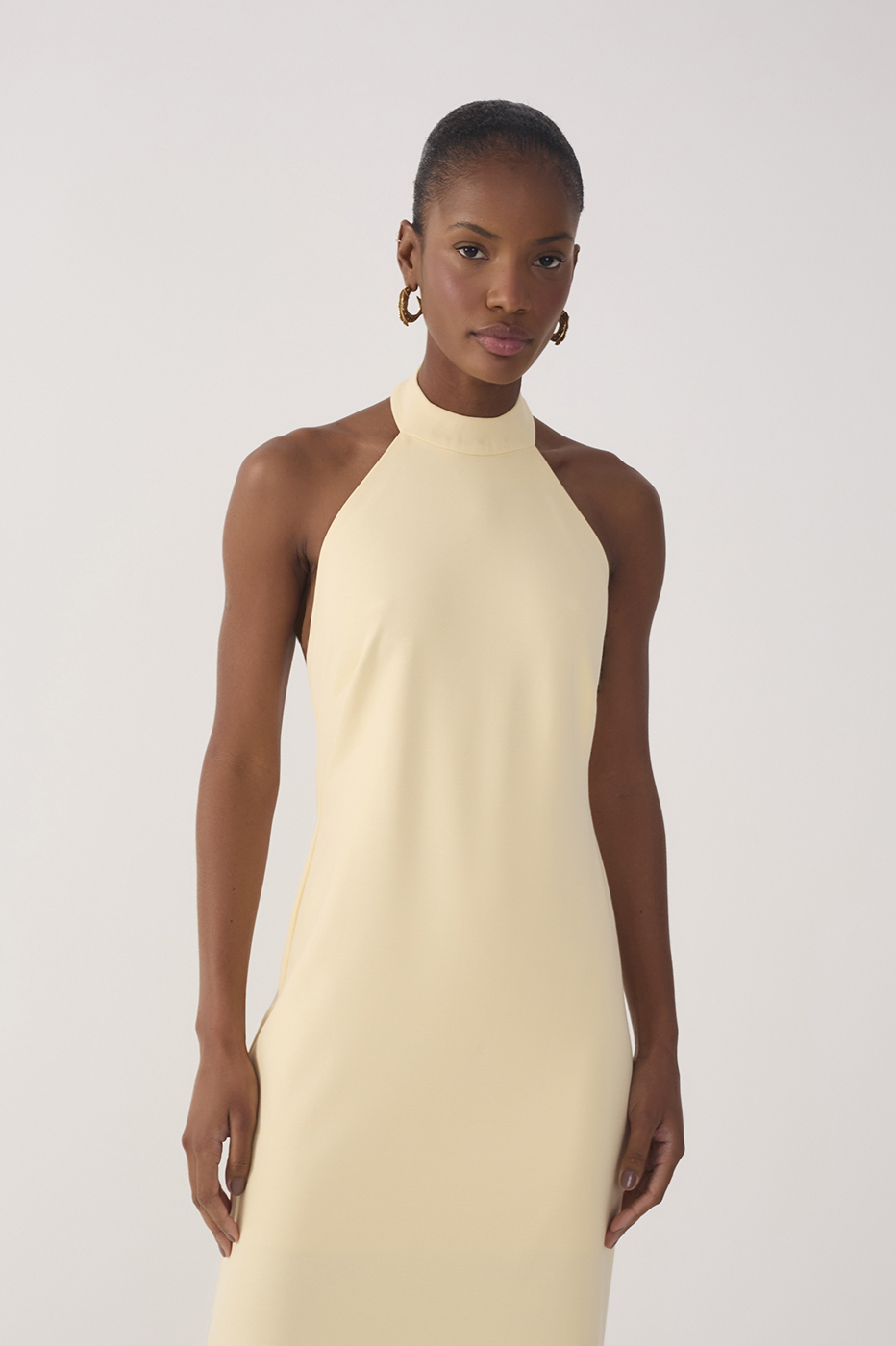 Beige Halter Neck Tailored Midi Dress_4