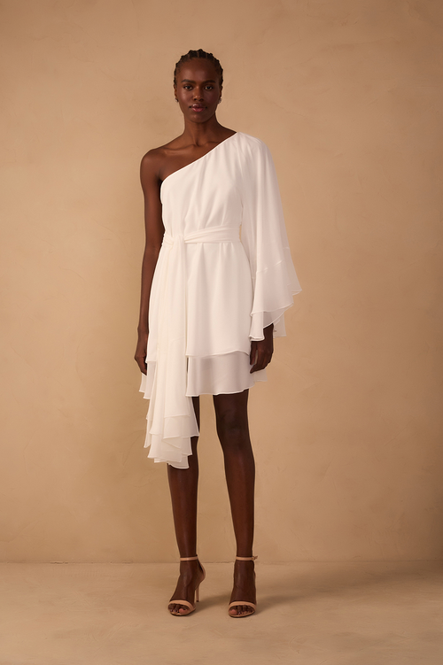 Off White Asymmetric One-Shoulder Chiffon Gown with Waist Tie