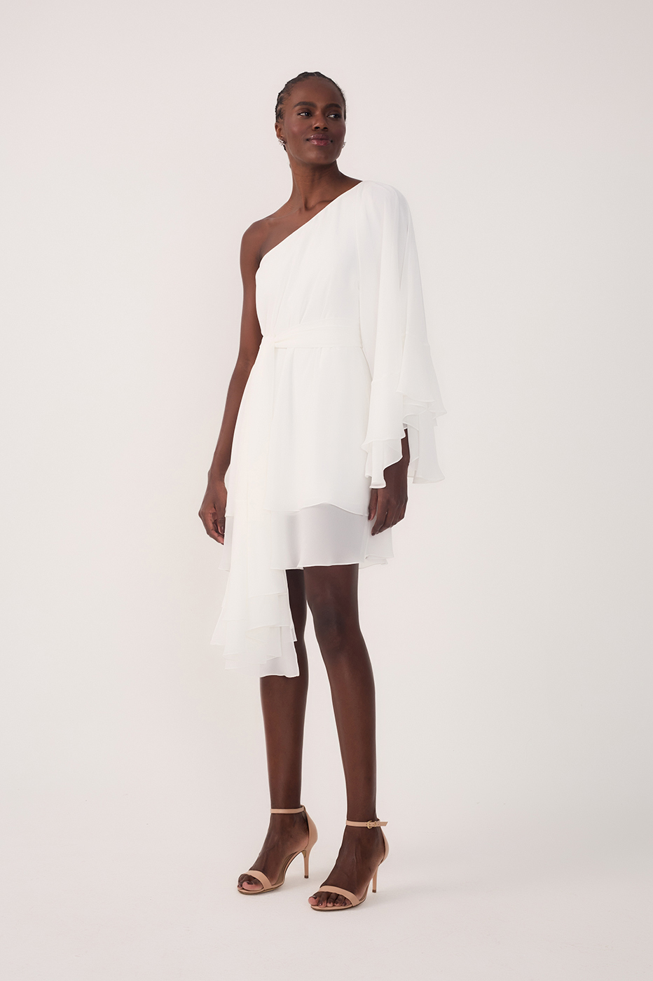 Off White Asymmetric One-Shoulder Chiffon Gown with Waist Tie -  Thati Amorim Collection