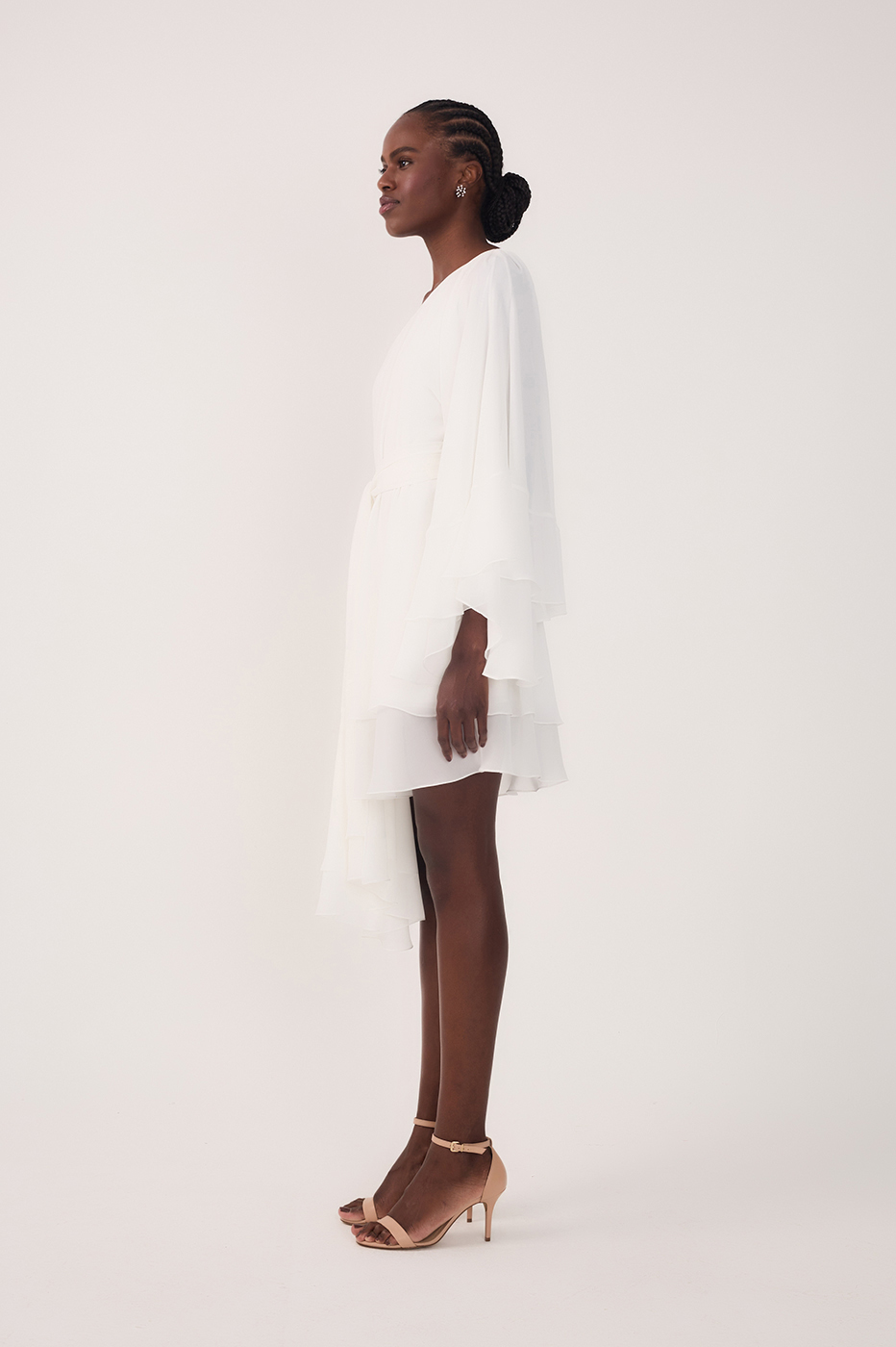 Off White Asymmetric One-Shoulder Chiffon Gown with Waist Tie -  Thati Amorim Collection_3