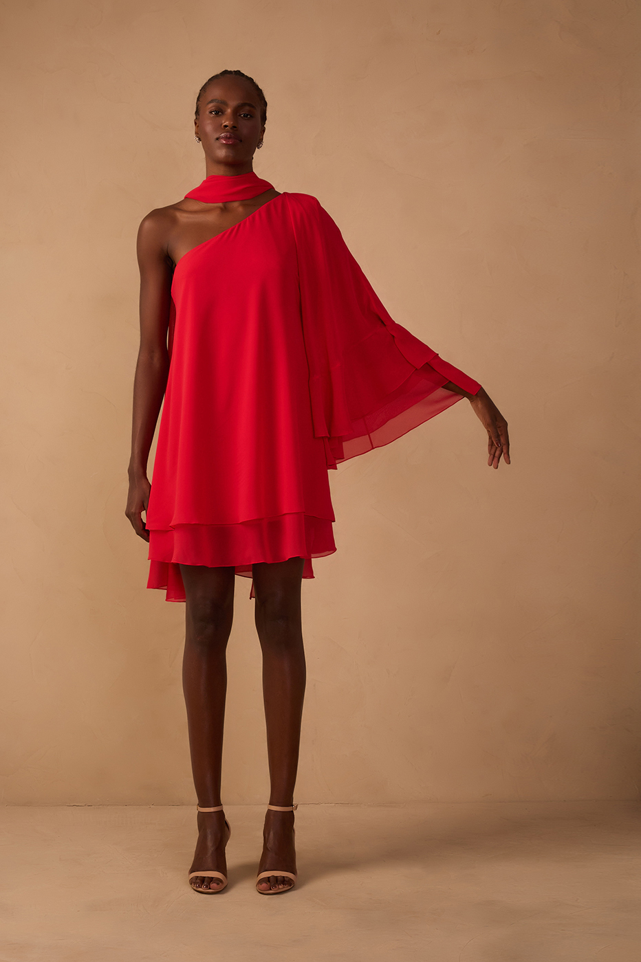 Sunset Red Asymmetric One-Shoulder Chiffon Gown with Waist Tie – Thati Amorim Collection_1