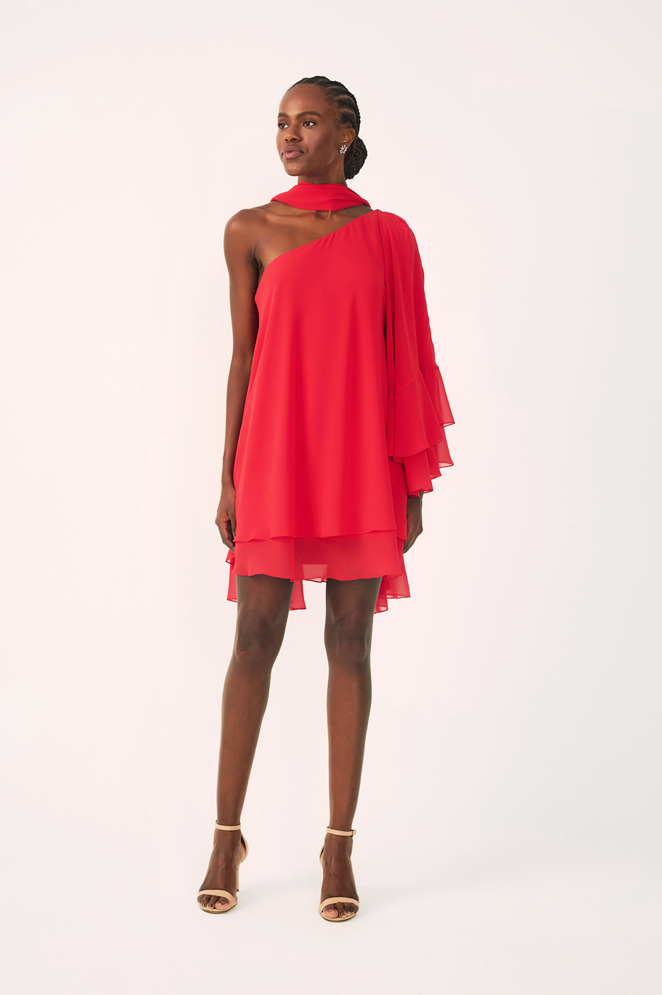 Sunset Red Asymmetric One-Shoulder Chiffon Gown with Waist Tie – Thati Amorim Collection