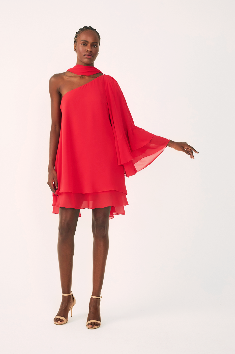 Sunset Red Asymmetric One-Shoulder Chiffon Gown with Waist Tie – Thati Amorim Collection