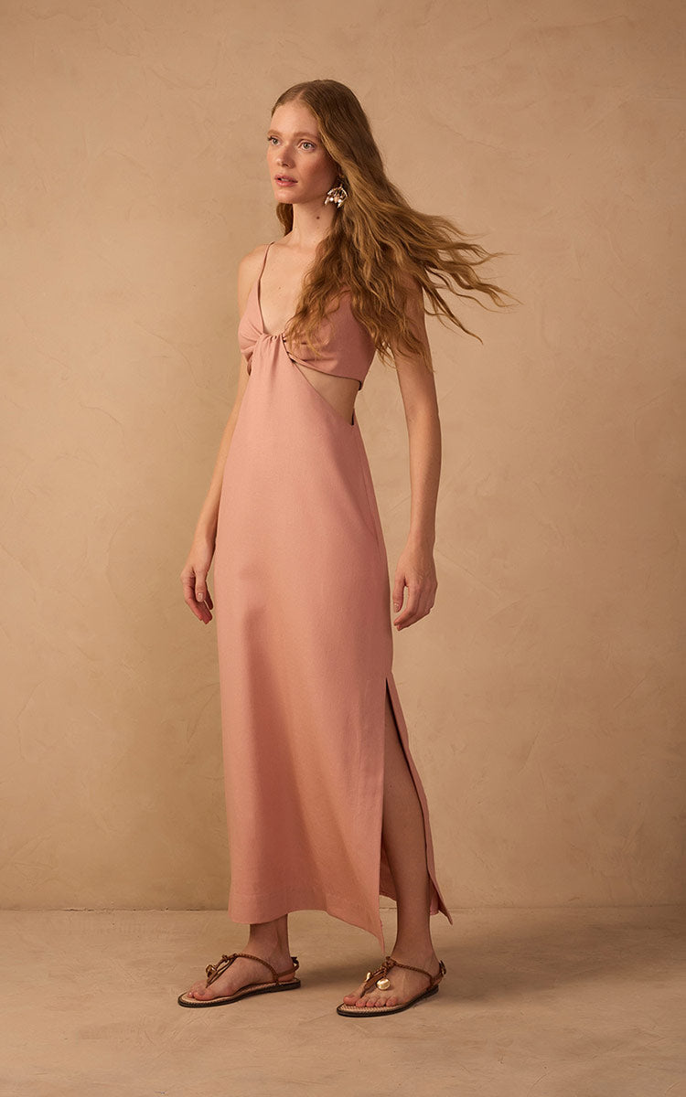 Pink Cut-Out Side Slits Linen Midi Dress - Pink / XXS Pink Cut-Out Side Slits Linen Midi Dress - Pink / XXS