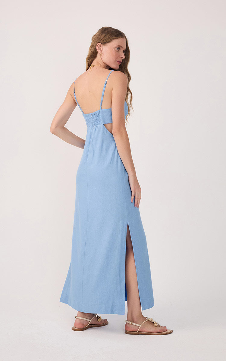 Blue Cut-Out Side Slits Linen Midi Dress_5