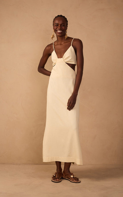 Beige Cut-Out Side Slits Linen Midi Dress_1