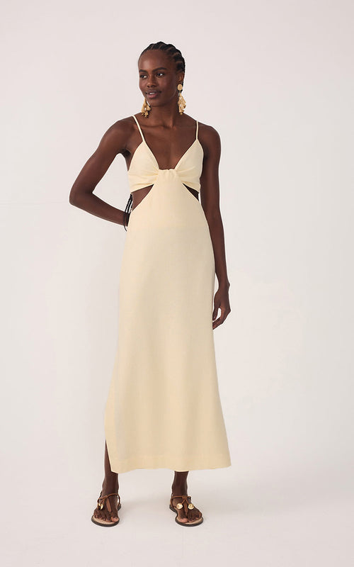 Beige Cut-Out Side Slits Linen Midi Dress_2