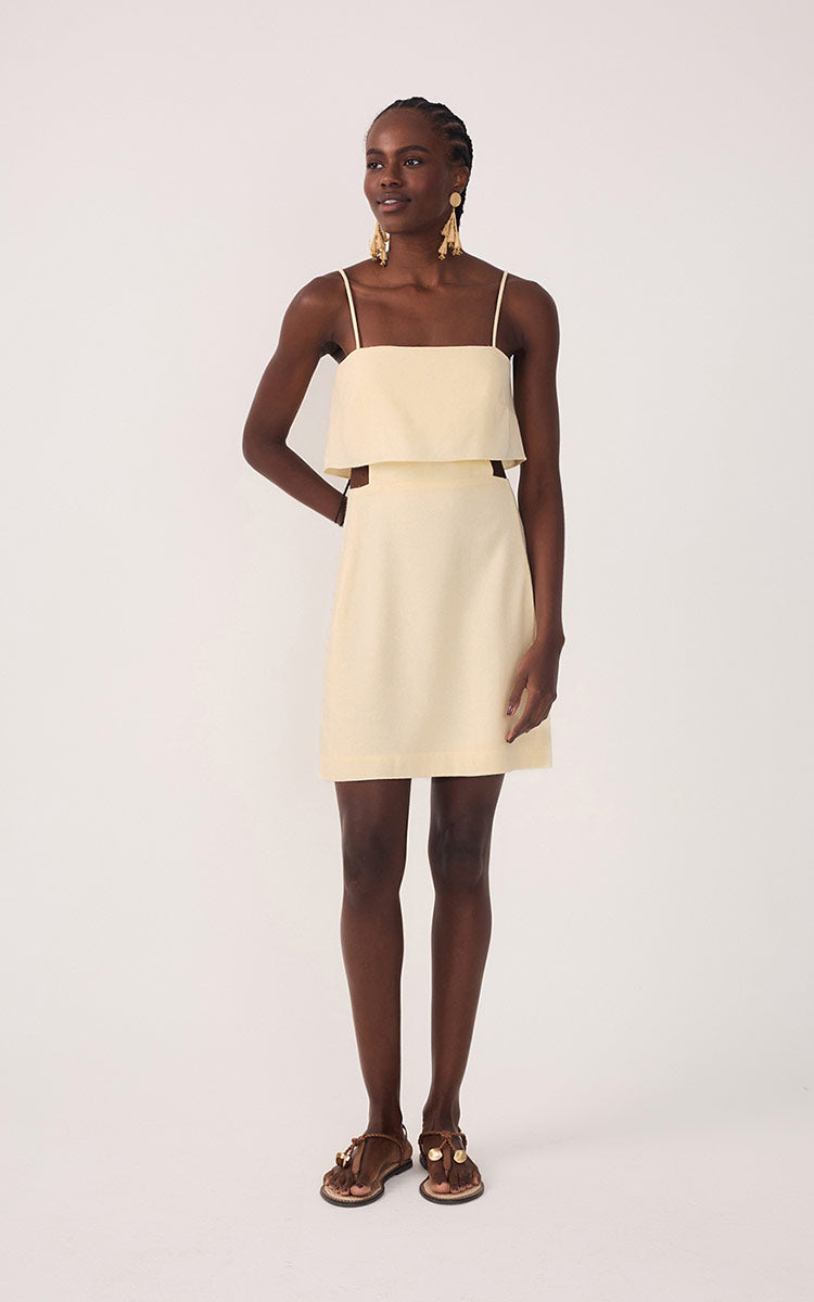 Beige Layered Sleeveless Linen Mini Dress in Shell Beige