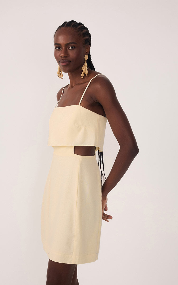 Beige Layered Sleeveless Linen Mini Dress in Shell Beige