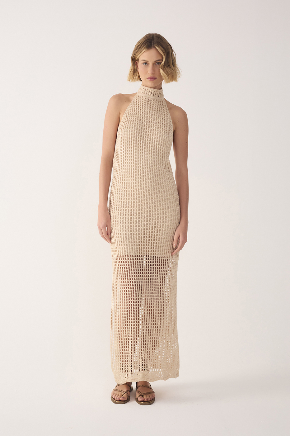 Beige Halter Neck Knitted Maxi Dress - Sand Beige / XXS Beige Halter Neck Knitted Maxi Dress - Sand Beige / XXS
