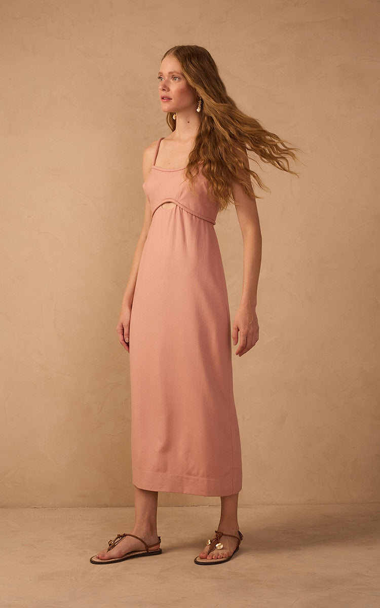 Pink Sleeveless Cut-Out Linen Midi Dress in Pink