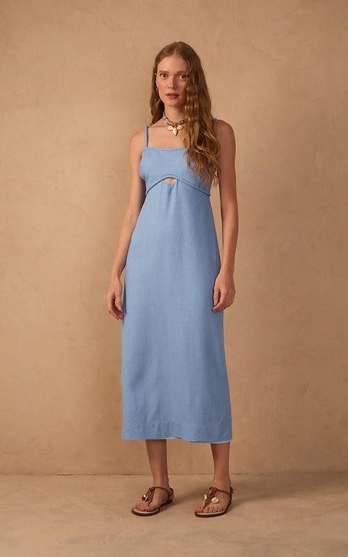 Blue Sleeveless Cut-Out Linen Midi Dress in Poetry Blue
