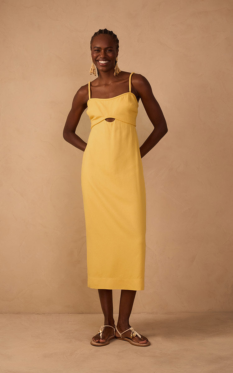 Yellow Sleeveless Cut-Out Linen Midi Dress in Yellow