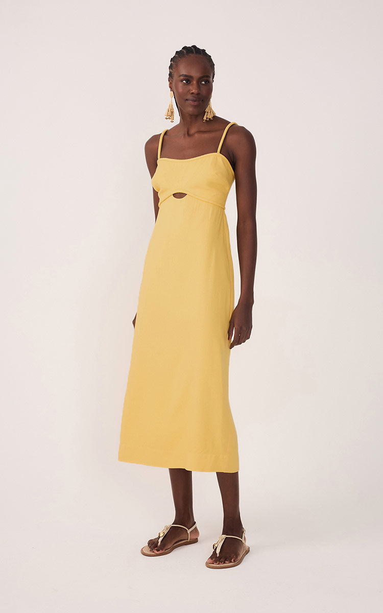 Yellow Sleeveless Cut-Out Linen Midi Dress in Yellow