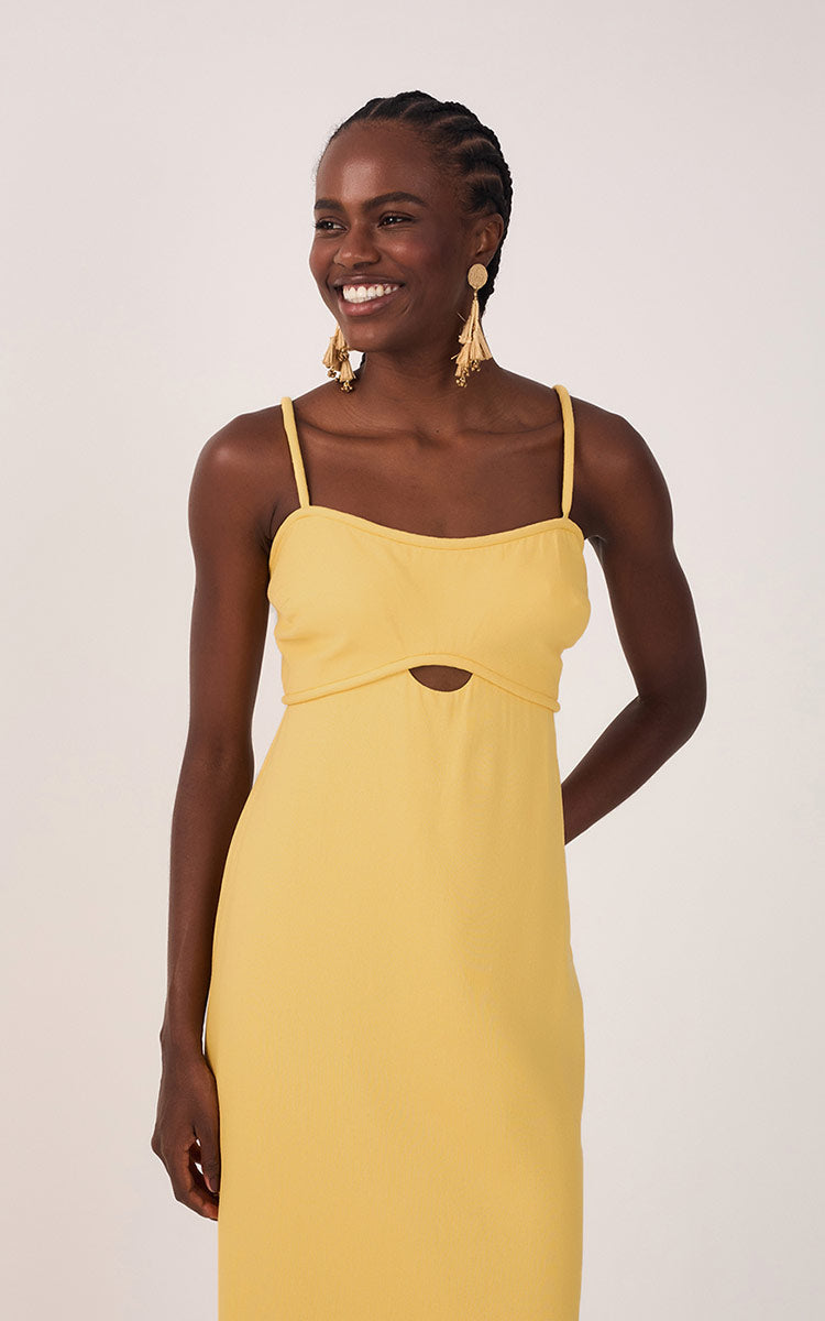 Yellow Sleeveless Cut-Out Linen Midi Dress in Yellow