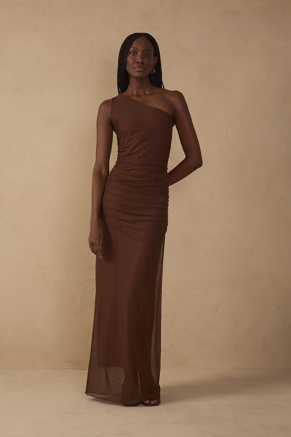 Brown One Shoulder Ruched Tulle Maxi Dress_1