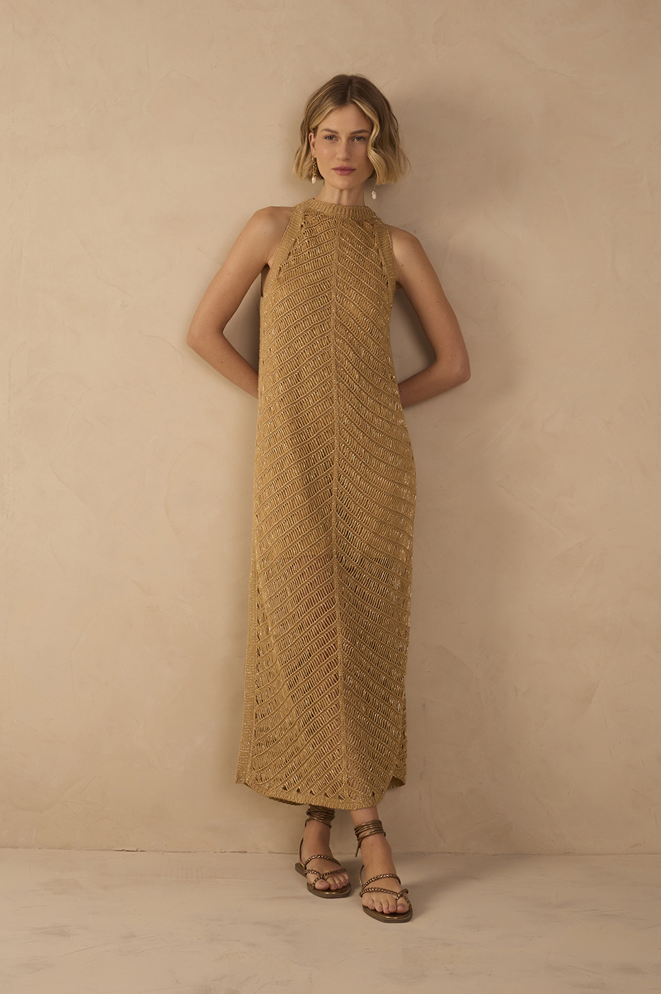Golden High Collar Lurex Knit Midi Dress Golden High Collar Lurex Knit Midi Dress
