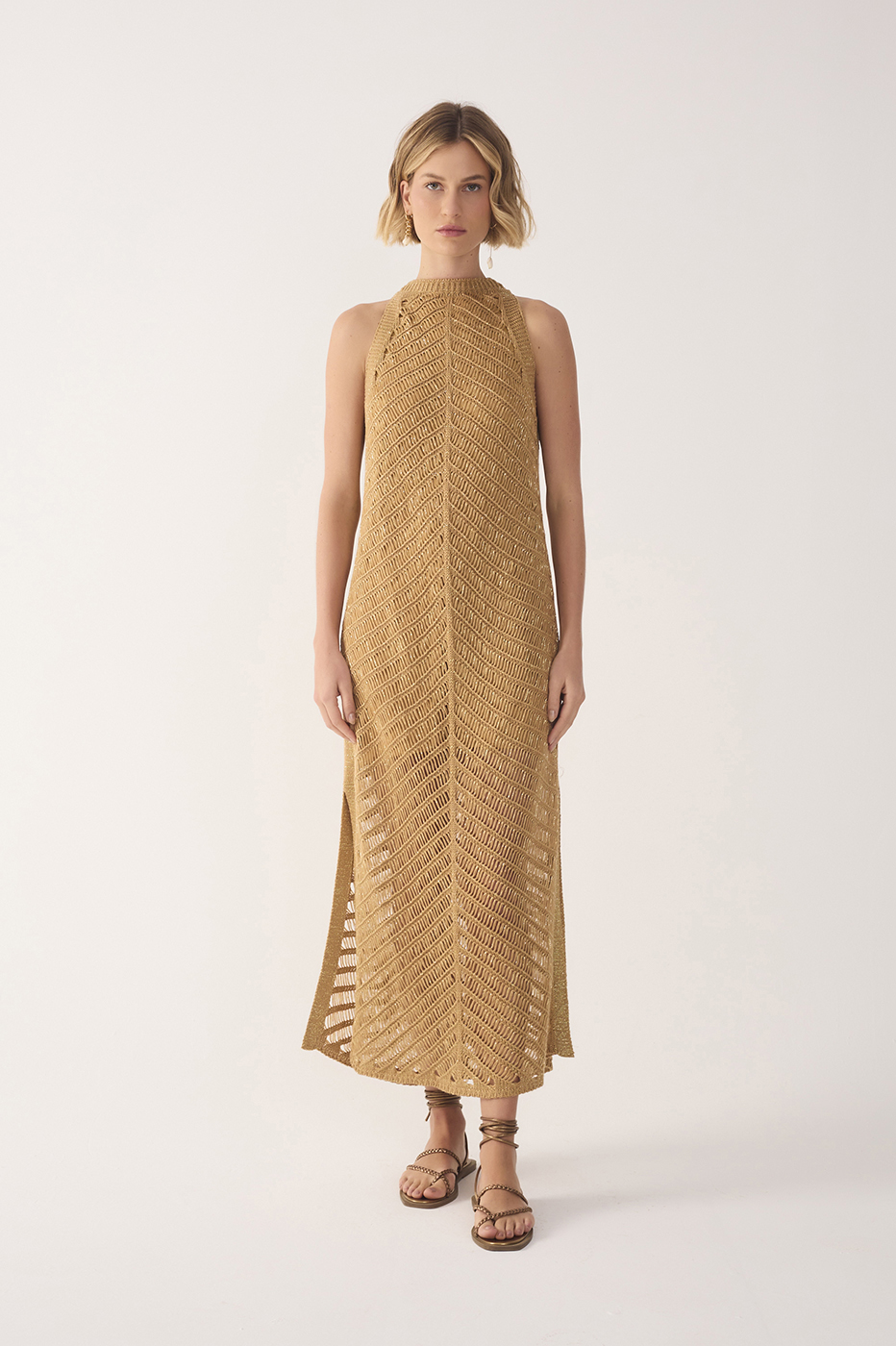 Golden High Collar Lurex Knit Midi Dress Golden High Collar Lurex Knit Midi Dress
