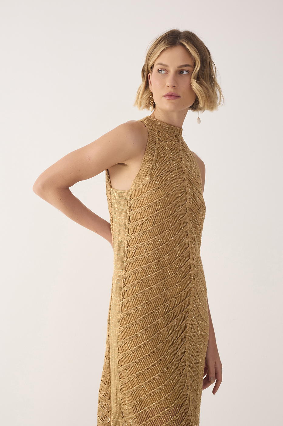 Golden High Collar Lurex Knit Midi Dress in Golden | Dress To Golden High Collar Lurex Knit Midi Dress in Golden | Dress To