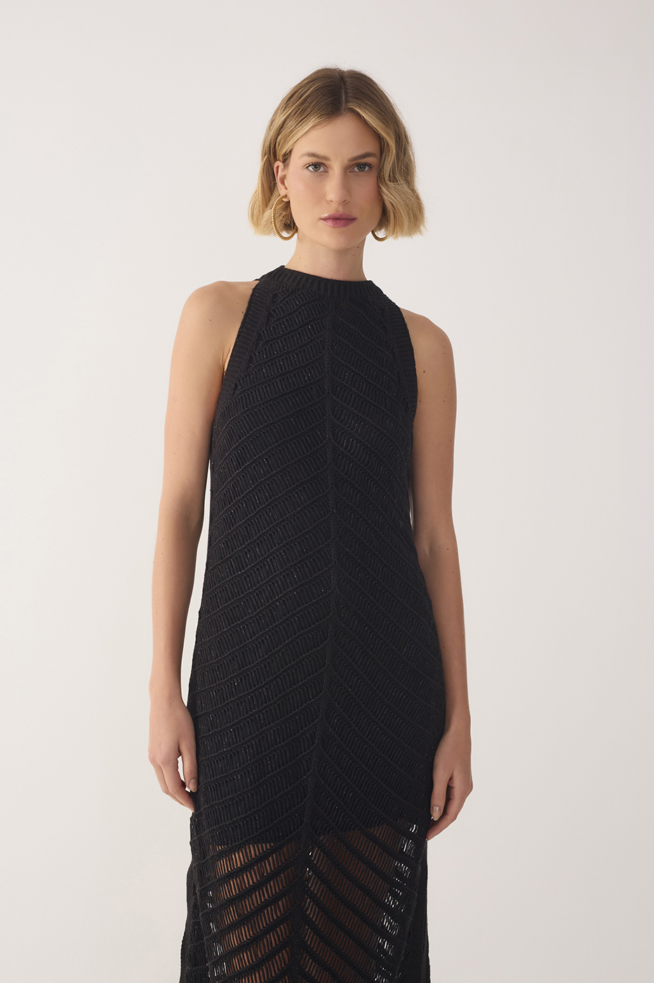 Black High Collar Lurex Knit Midi Dress_2