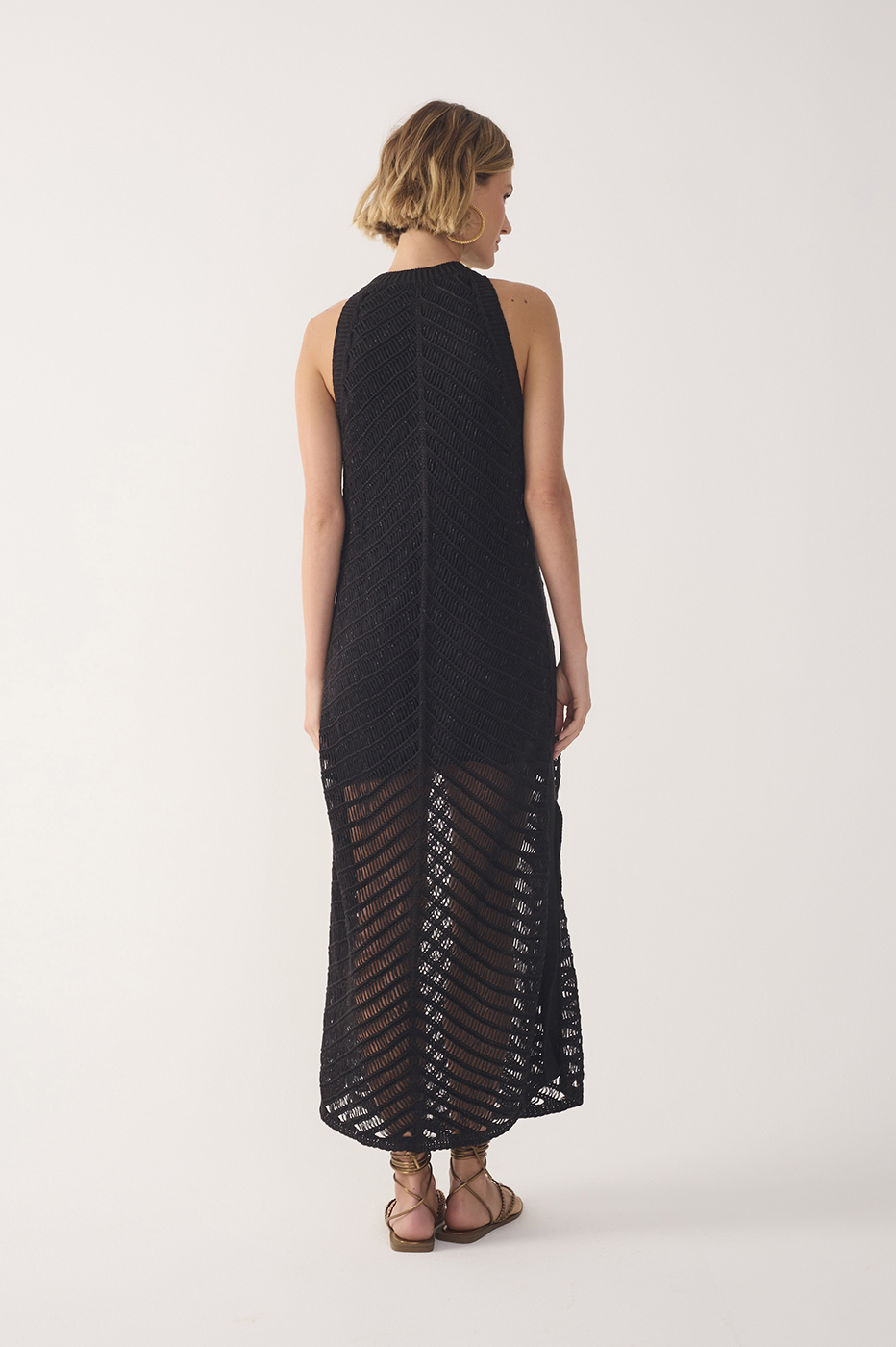 Black High Collar Lurex Knit Midi Dress_5