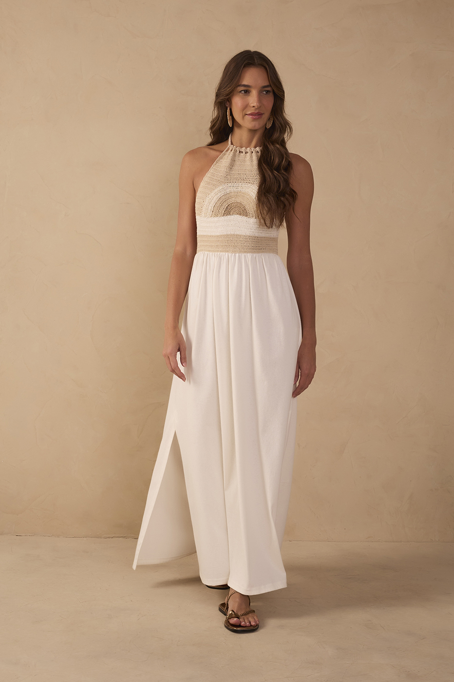 Off-White Crochet Side Slit Cotton Maxi Dress_1