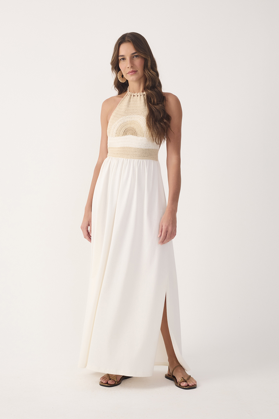 Off-White Crochet Side Slit Cotton Maxi Dress in Off White