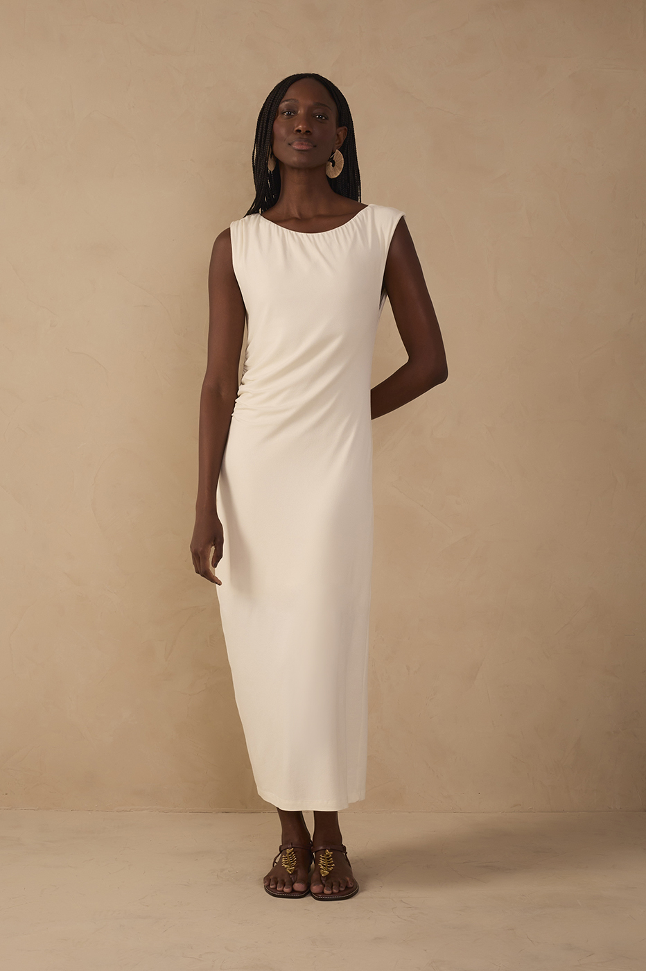 Off-White Sleeveless Crepe Slip Maxi Dress in Off White