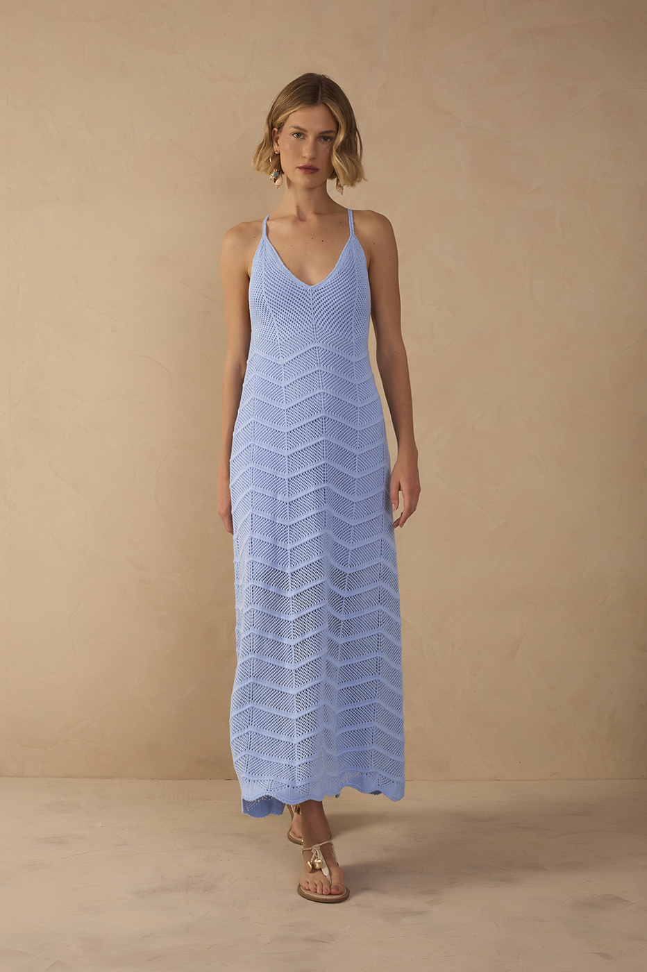 Blue V Neck Knit Midi Dress_1