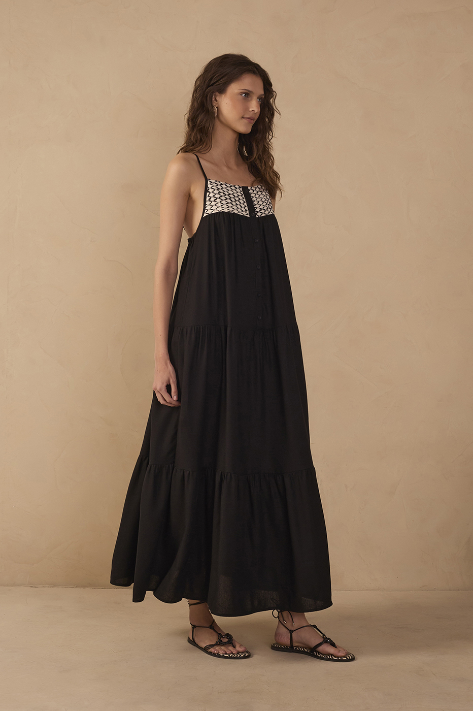 Cropped Linen Embroidered Yoke Dress_1
