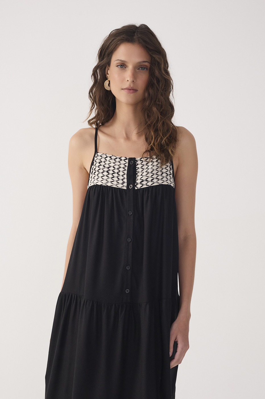  Black Embroidered Yoke Linen Maxi Dress_4
