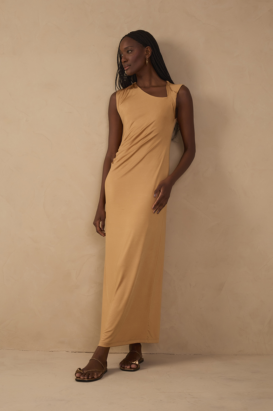 Beige Jersey Twisted Shoulder Dress_1