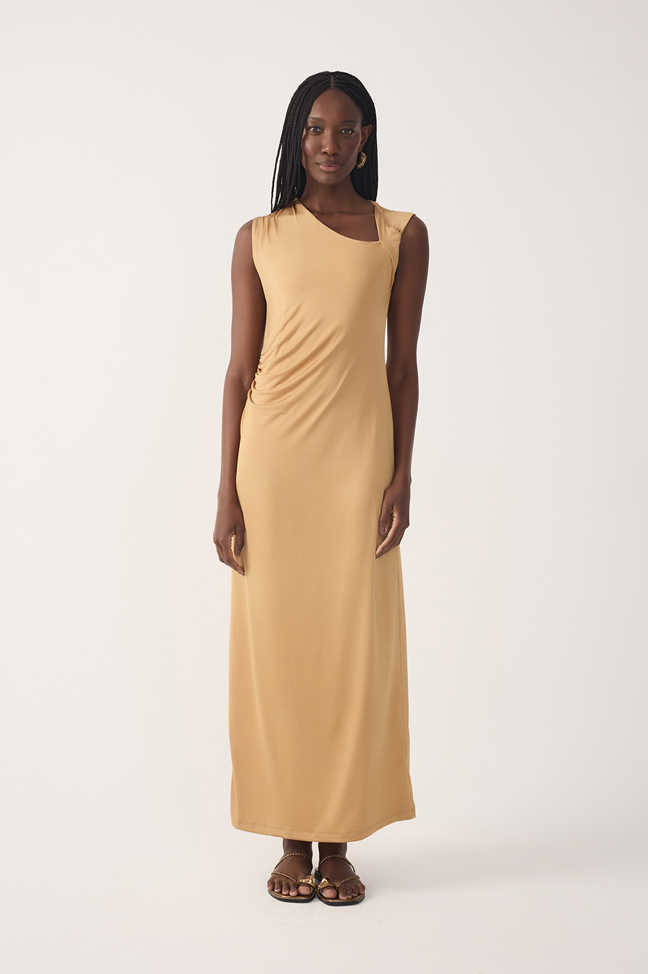 Beige Jersey Twisted Shoulder Dress_2