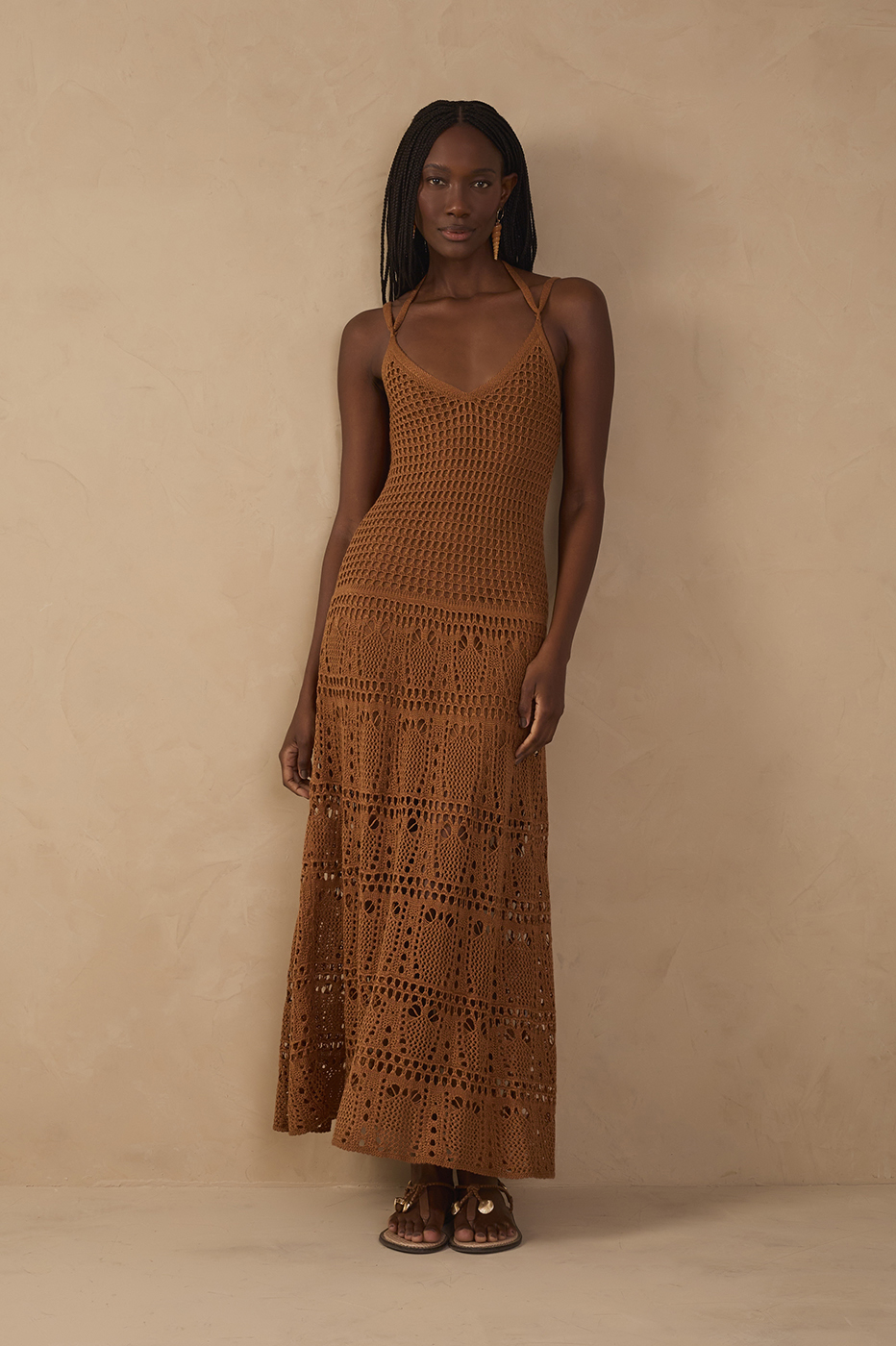 Brown V Neck Open Tricot Maxi Dress