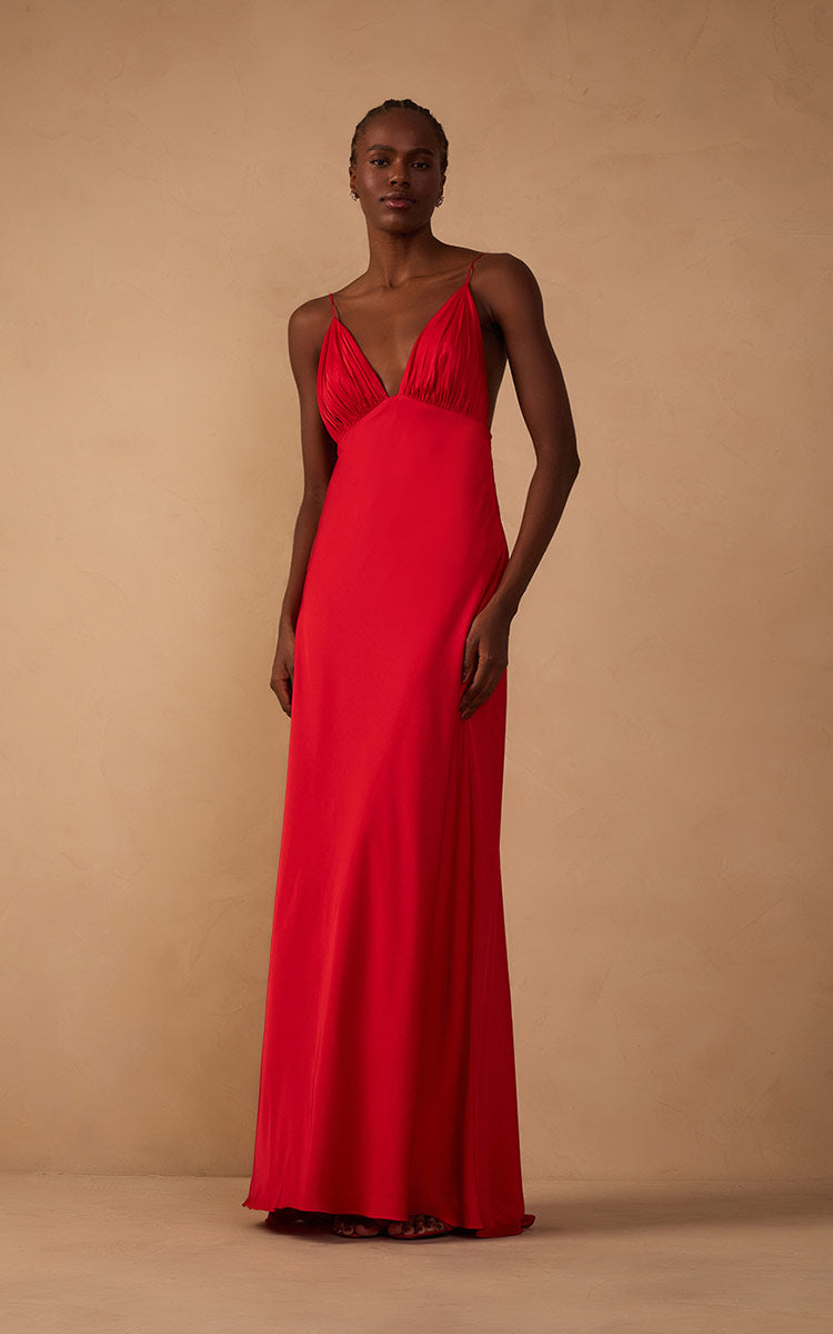 Sunset Red Draped Satin V-Neck Gown with Spaghetti Straps – Thati Amorim Collection