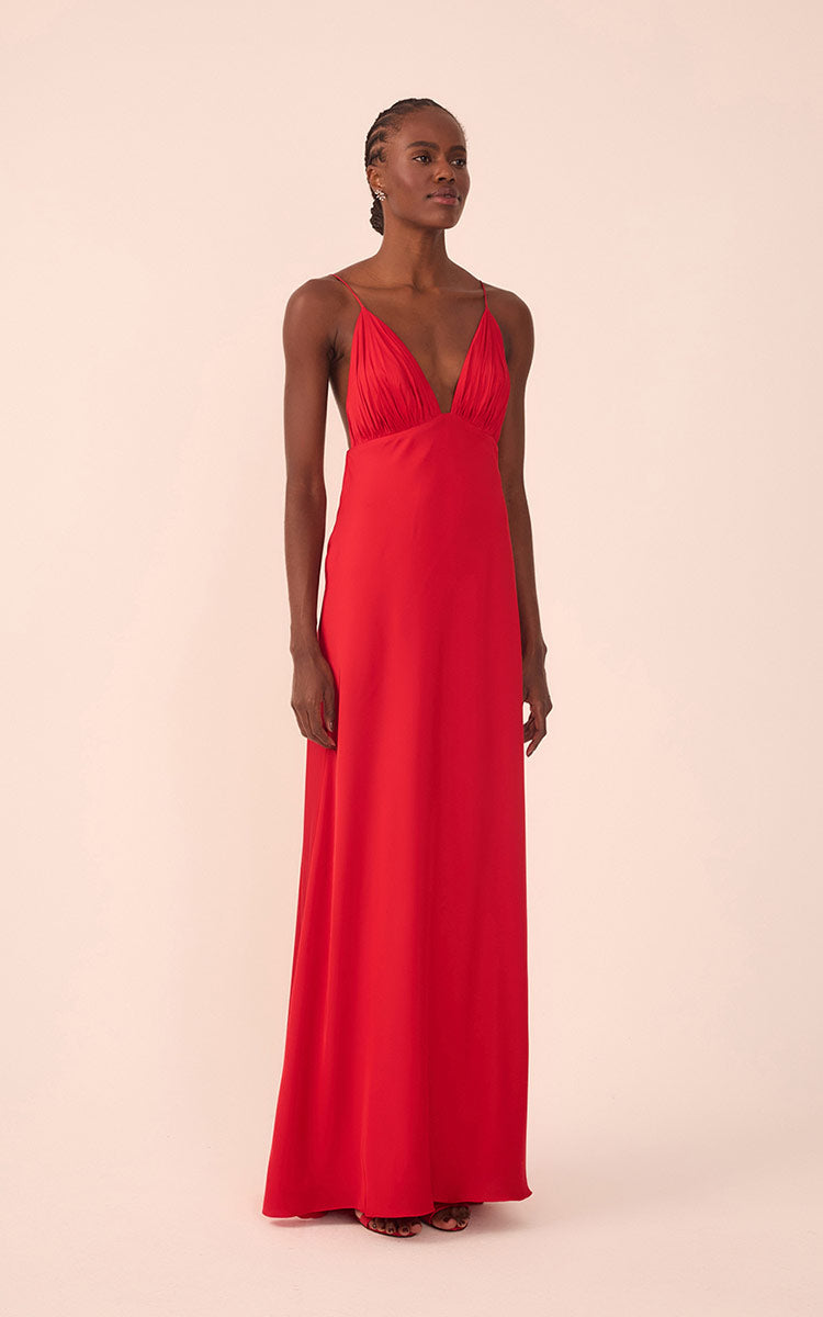 Sunset Red Draped Satin V-Neck Gown with Spaghetti Straps – Thati Amorim Collection