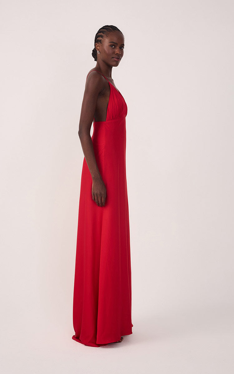 Sunset Red Draped Satin V-Neck Gown with Spaghetti Straps – Thati Amorim Collection