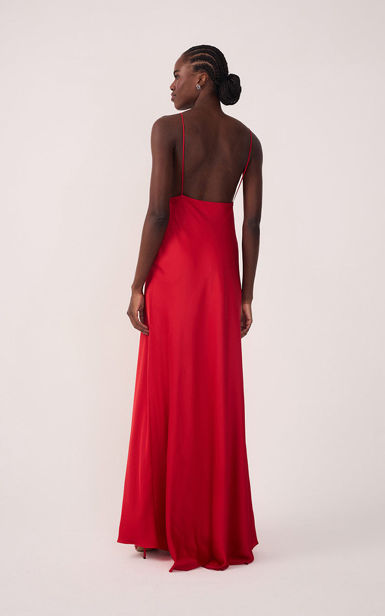 Sunset Red Draped Satin V-Neck Gown with Spaghetti Straps – Thati Amorim Collection