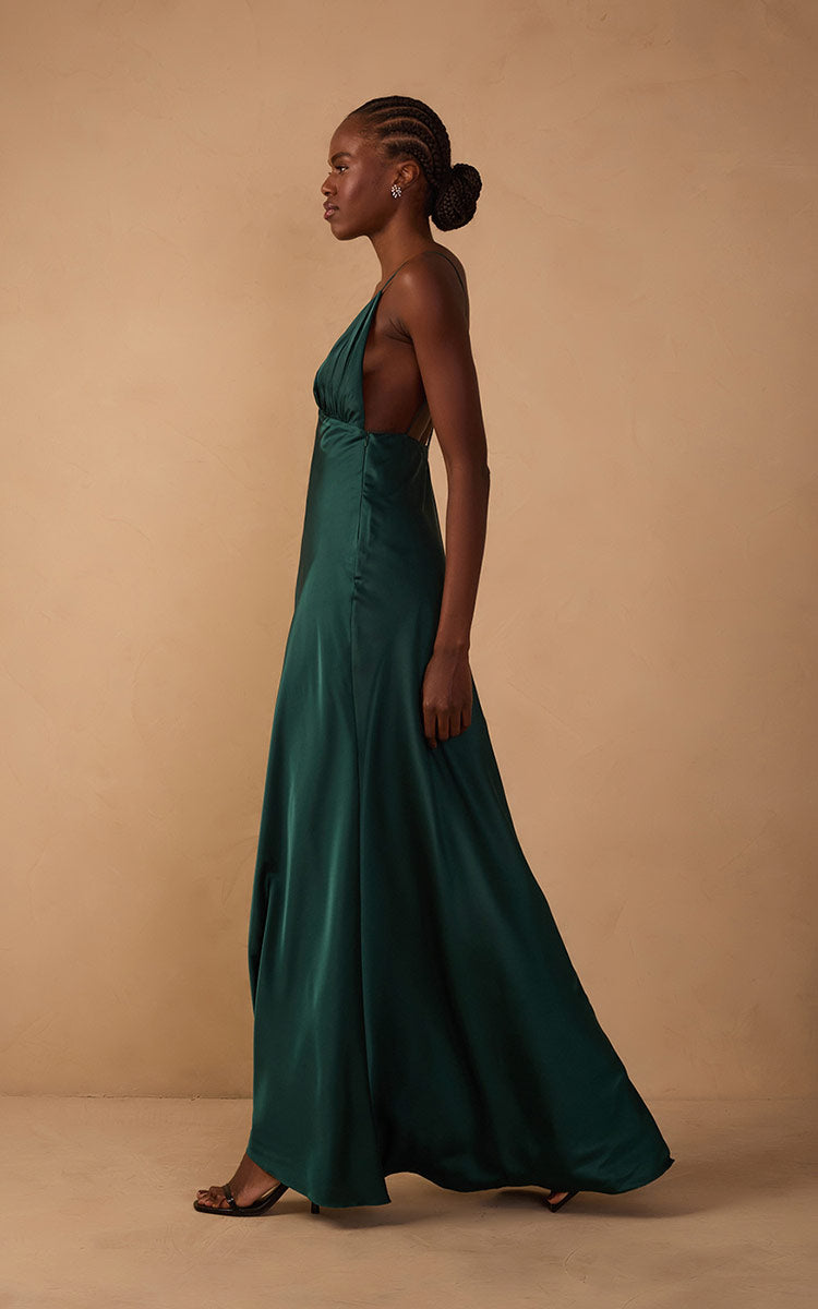 Pomar Green Draped Satin V-Neck Gown with Spaghetti Straps – Thati Amorim Collection_2