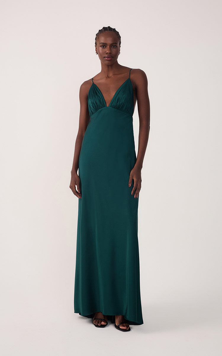Pomar Green Draped Satin V-Neck Gown with Spaghetti Straps – Thati Amorim Collection_3