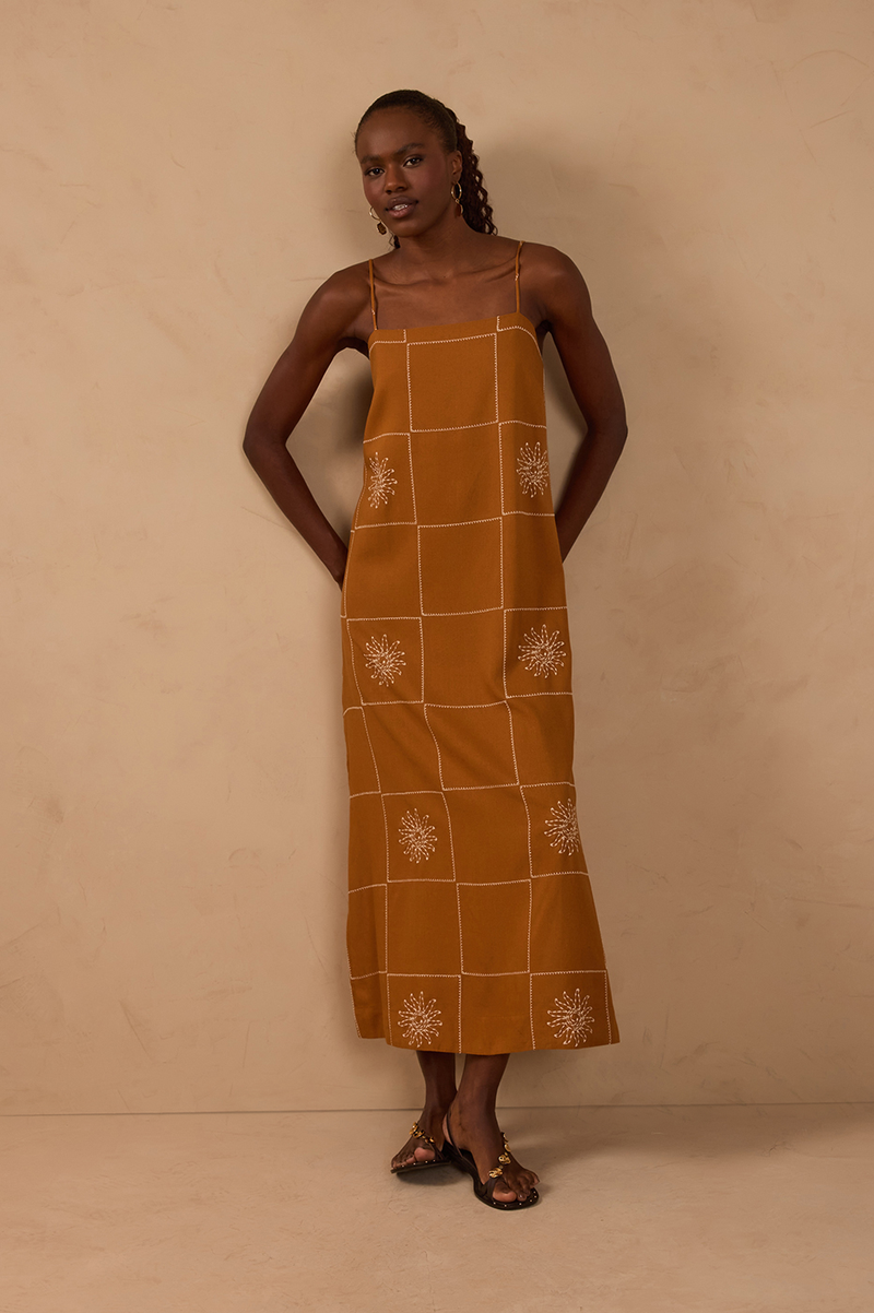 Embroidered Sun Plaid Linen Maxi Dress_1