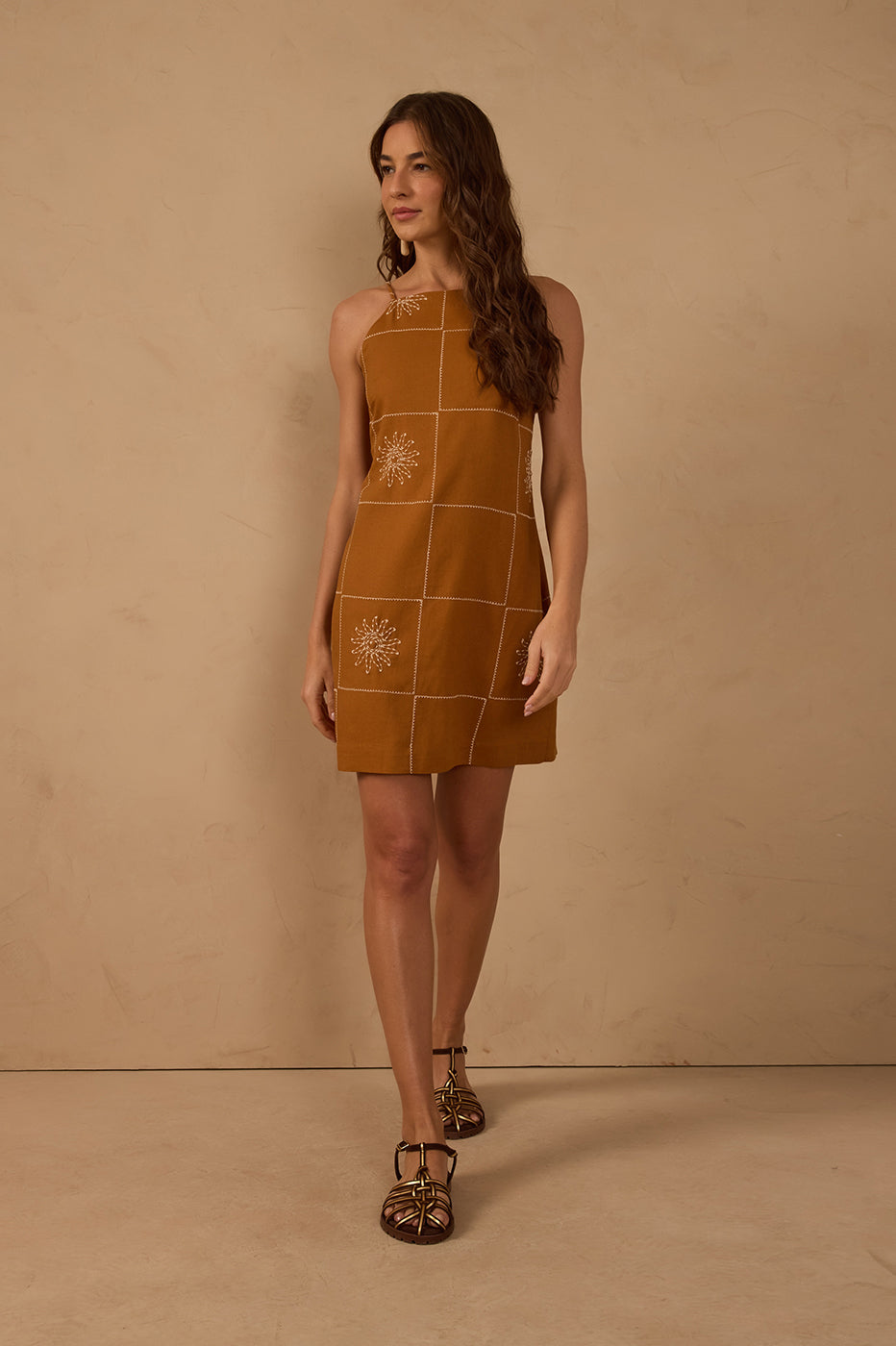 Brown Embroidered Sun Plaid Linen Mini Dress