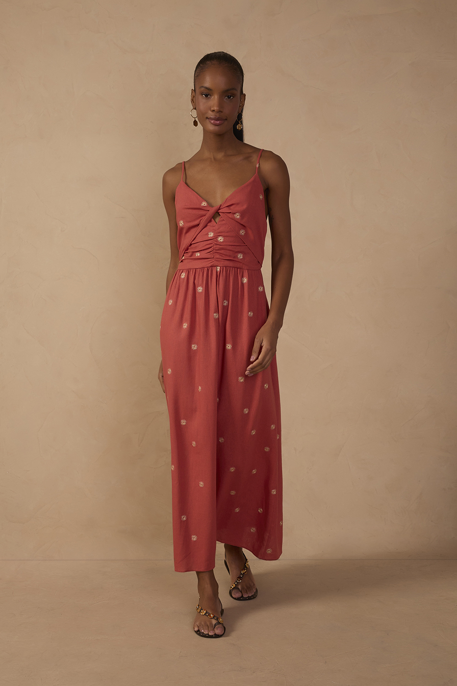 Brown Embroidered Linen Mini Dress in Ceramic Brown