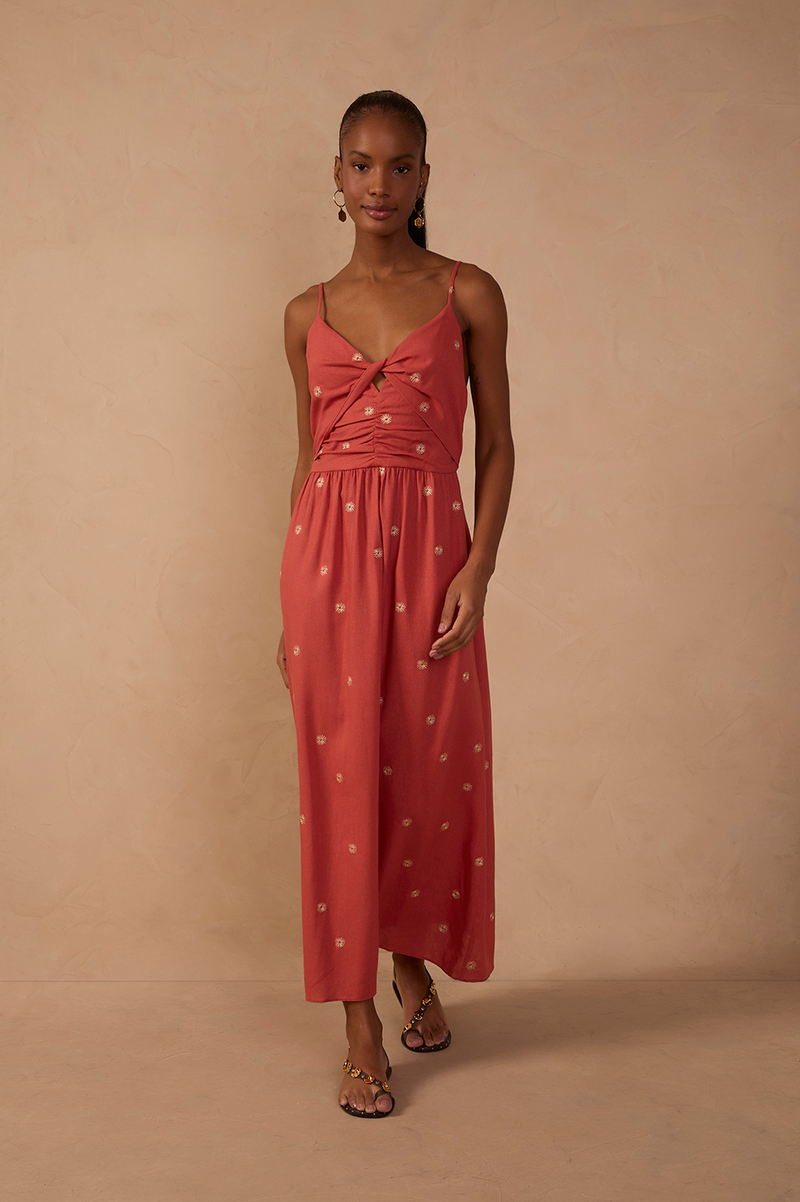Brown Embroidered Linen Mini Dress_1