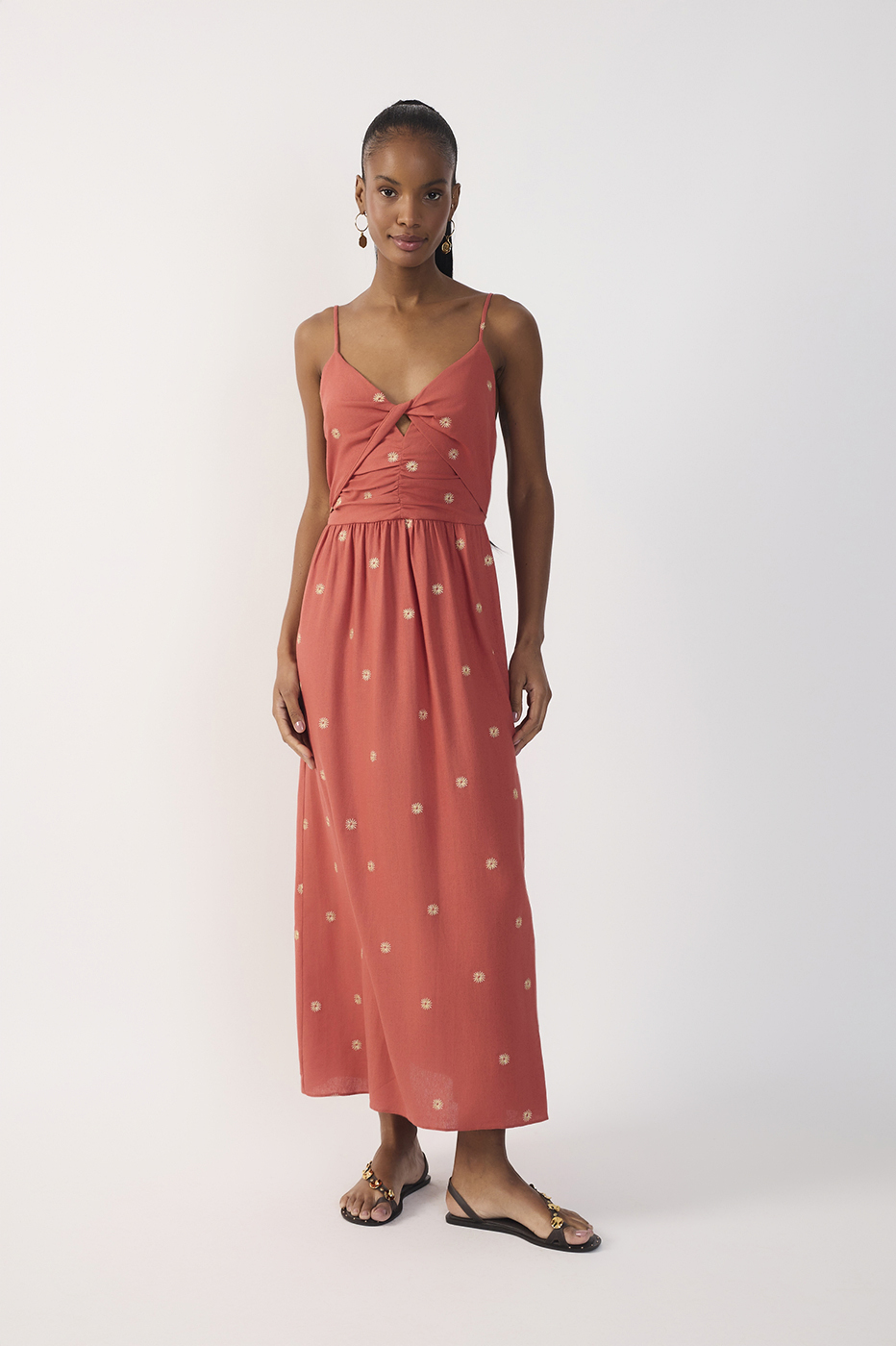Brown Embroidered Linen Mini Dress_2