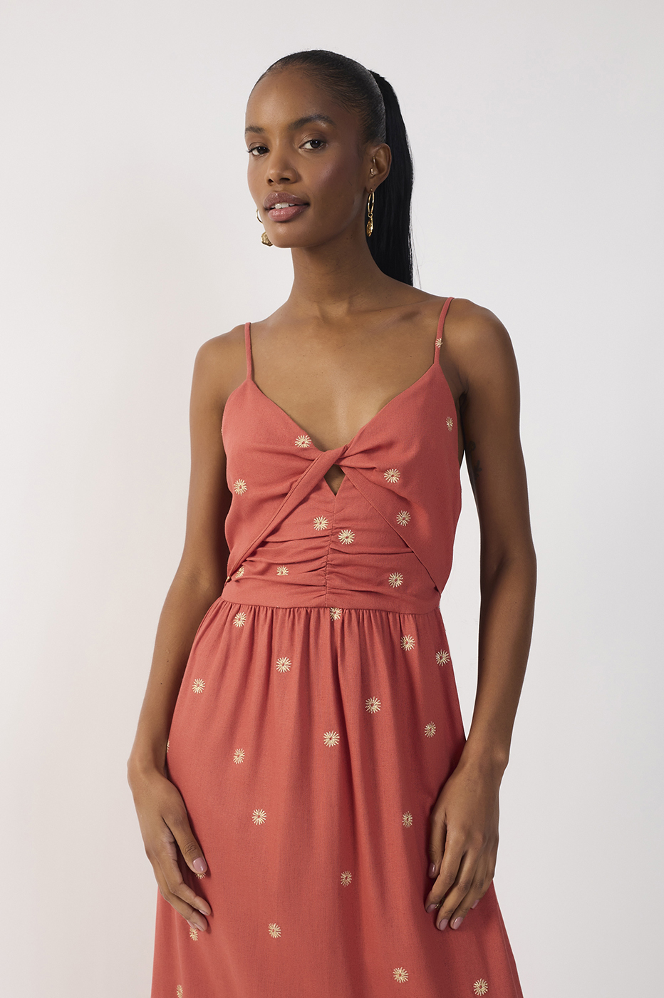 Brown Embroidered Linen Mini Dress_4