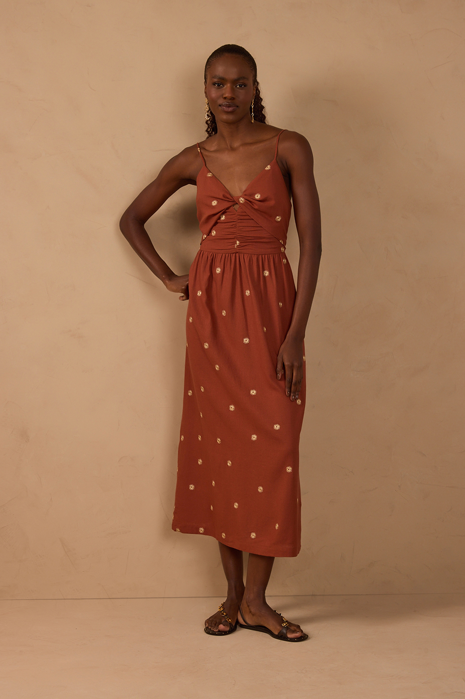 Brown Embroidered Ruched Midi Dress_1