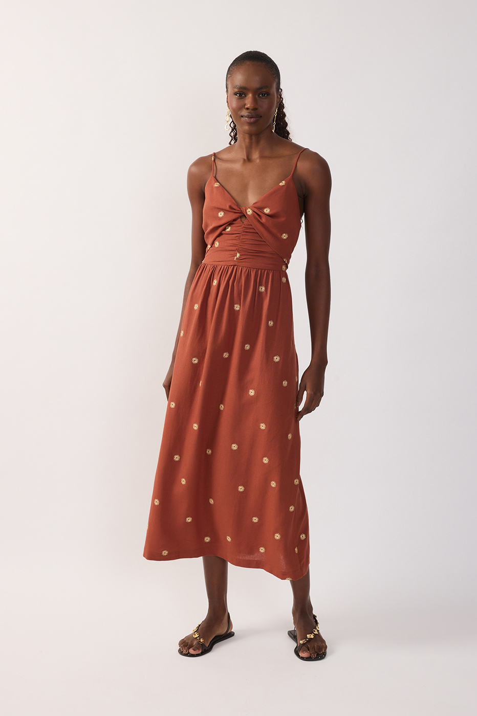 Brown Embroidered Ruched Midi Dress_2