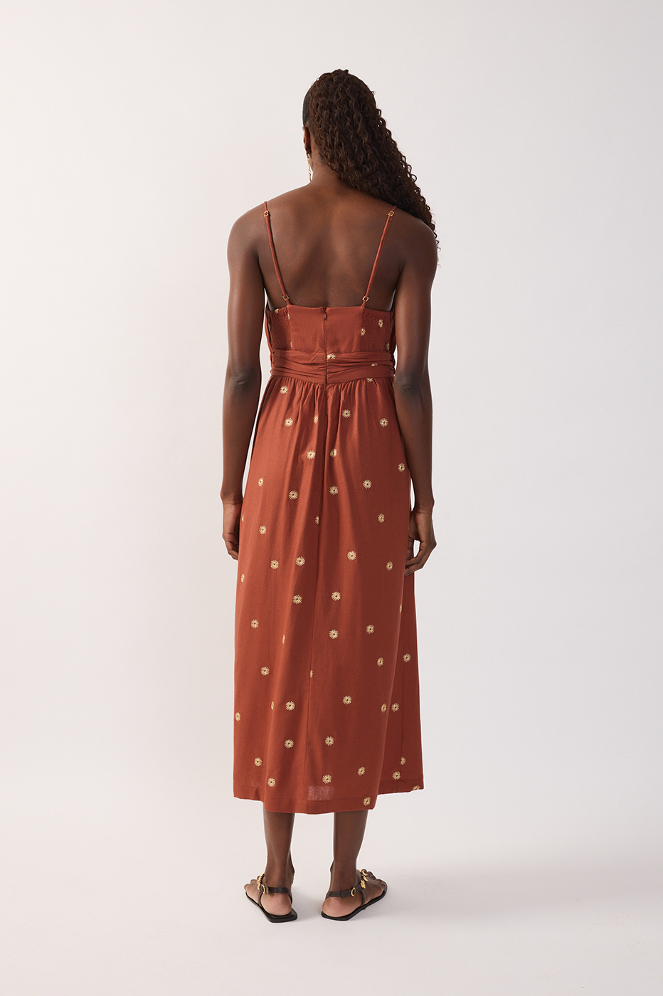 Brown Embroidered Ruched Midi Dress_6