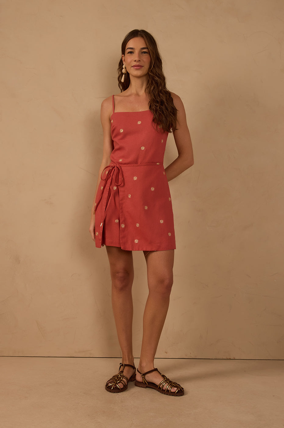 Brown Ceramica Lurex Embroidered Wrap Linen Mini Dress